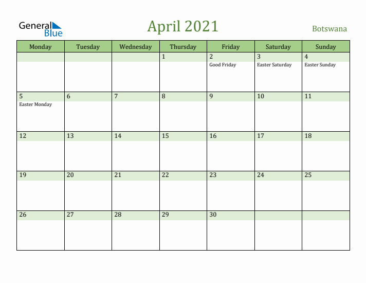 April 2021 Calendar with Botswana Holidays