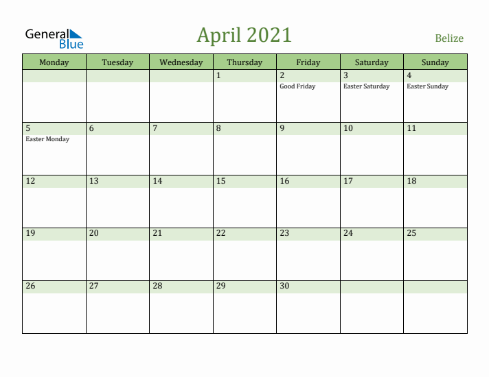 April 2021 Calendar with Belize Holidays