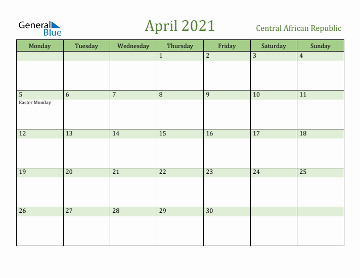 April 2021 Calendar with Central African Republic Holidays