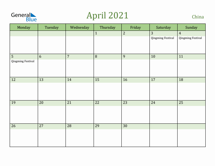 April 2021 Calendar with China Holidays