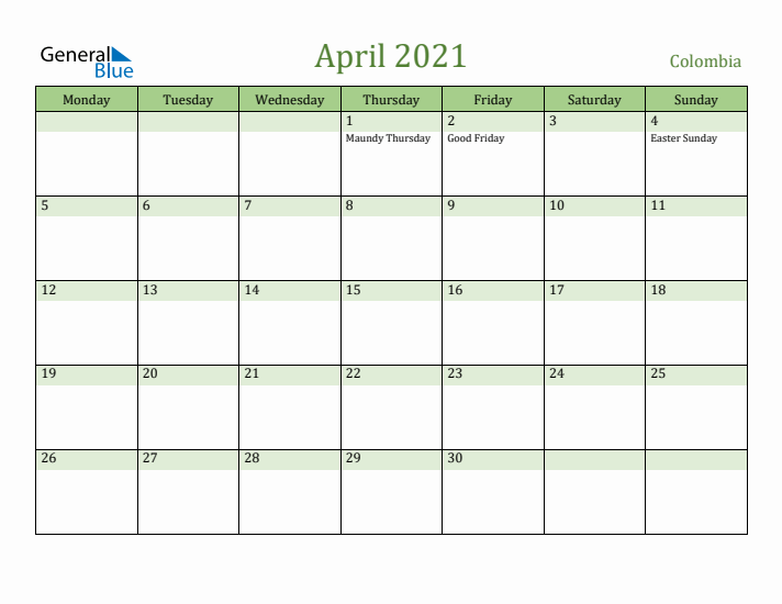 April 2021 Calendar with Colombia Holidays