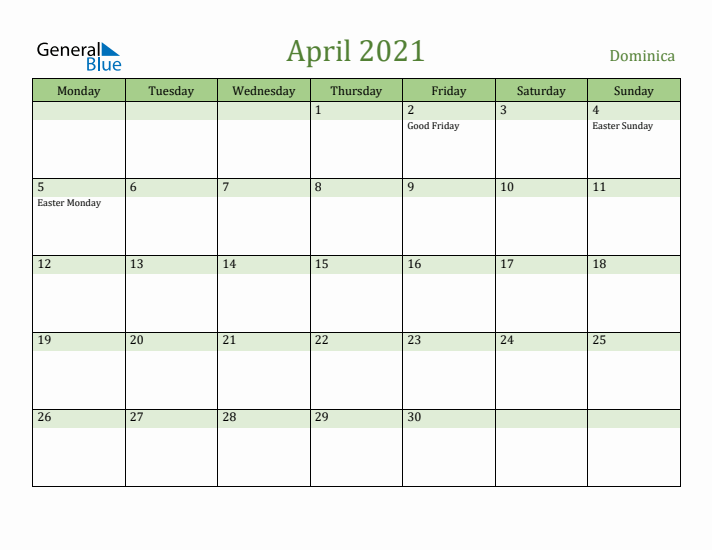 April 2021 Calendar with Dominica Holidays