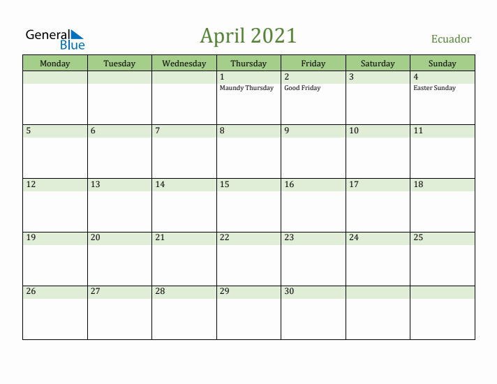 April 2021 Calendar with Ecuador Holidays