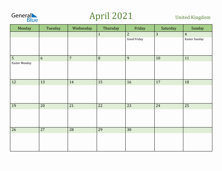 April 2021 Calendar with United Kingdom Holidays