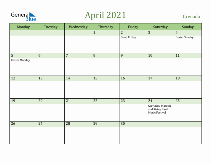 April 2021 Calendar with Grenada Holidays