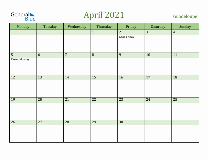 April 2021 Calendar with Guadeloupe Holidays