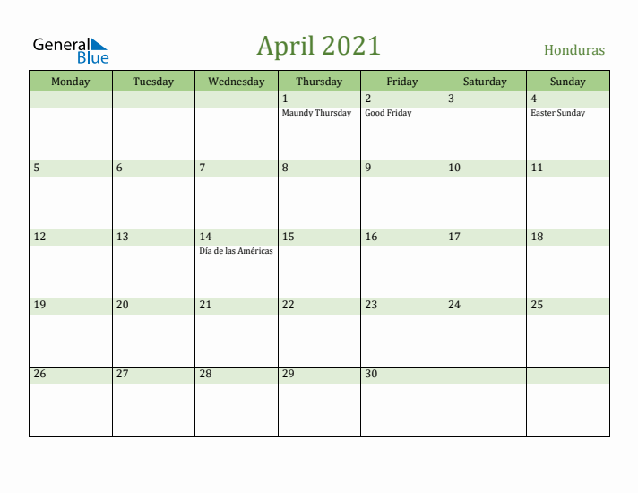 April 2021 Calendar with Honduras Holidays