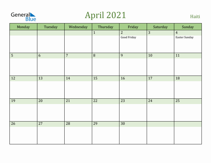 April 2021 Calendar with Haiti Holidays