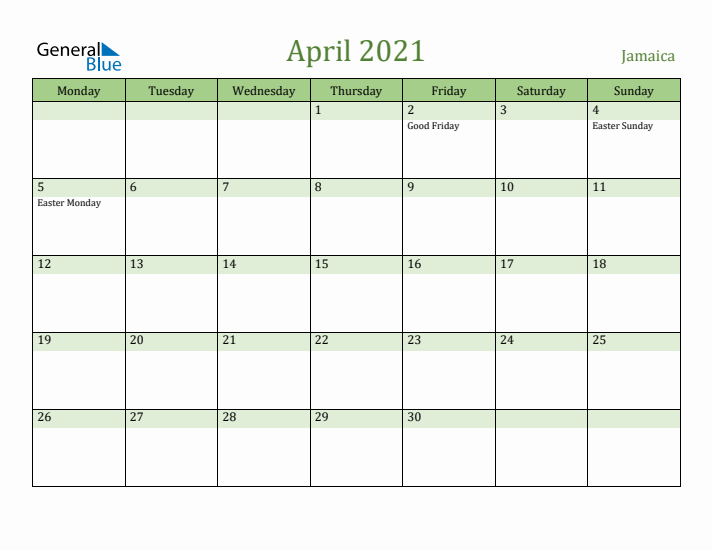 April 2021 Calendar with Jamaica Holidays