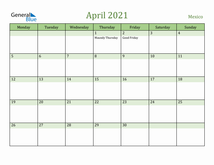 April 2021 Calendar with Mexico Holidays