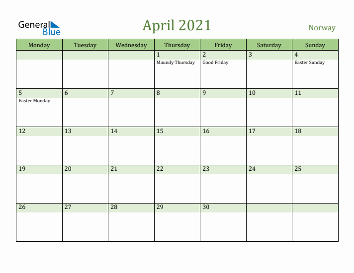 April 2021 Calendar with Norway Holidays