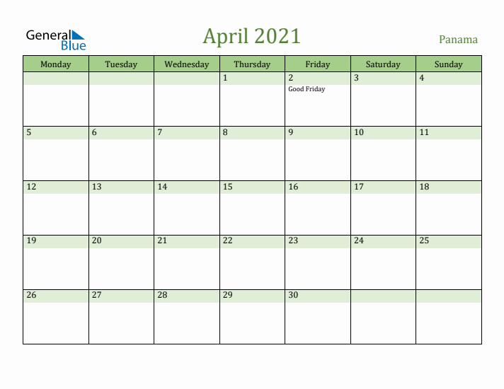 April 2021 Calendar with Panama Holidays