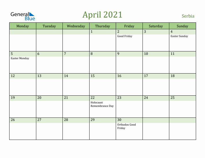 April 2021 Calendar with Serbia Holidays