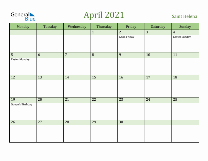 April 2021 Calendar with Saint Helena Holidays