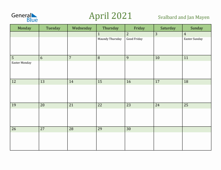 April 2021 Calendar with Svalbard and Jan Mayen Holidays