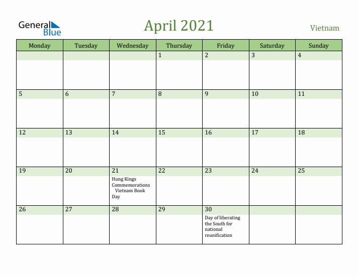 April 2021 Calendar with Vietnam Holidays