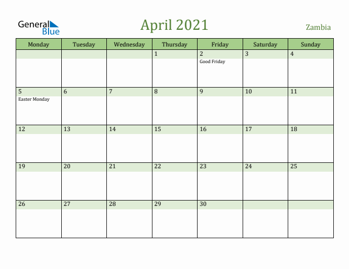 April 2021 Calendar with Zambia Holidays