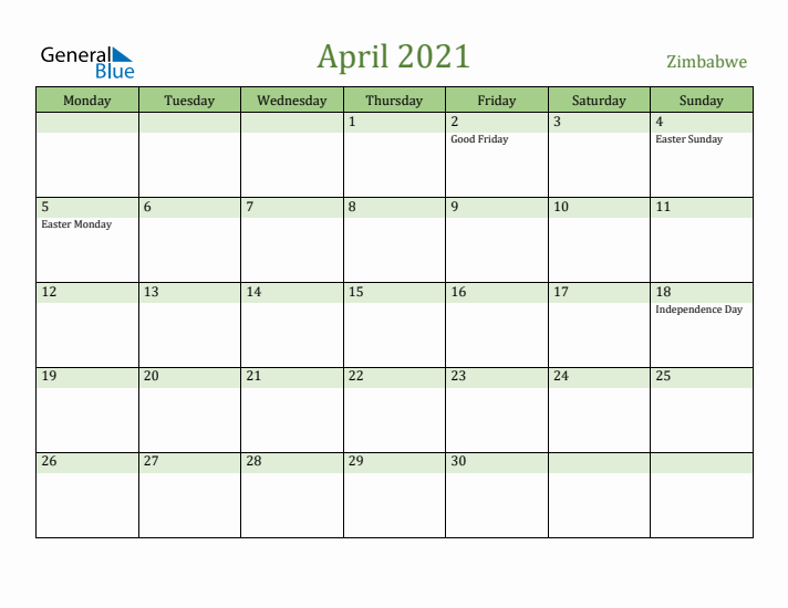 April 2021 Calendar with Zimbabwe Holidays