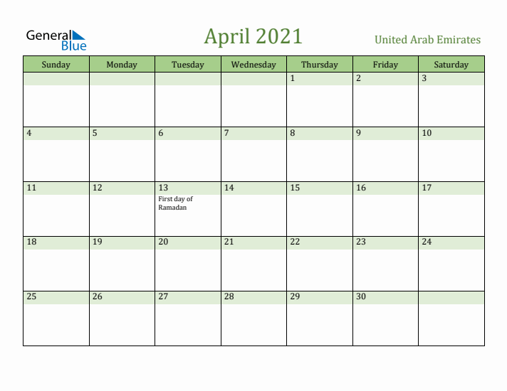 April 2021 Calendar with United Arab Emirates Holidays