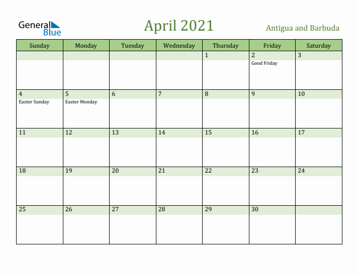 April 2021 Calendar with Antigua and Barbuda Holidays