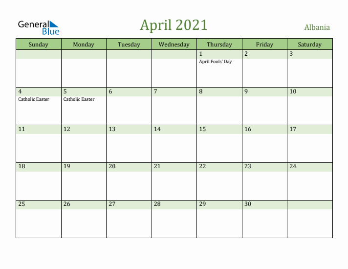 April 2021 Calendar with Albania Holidays