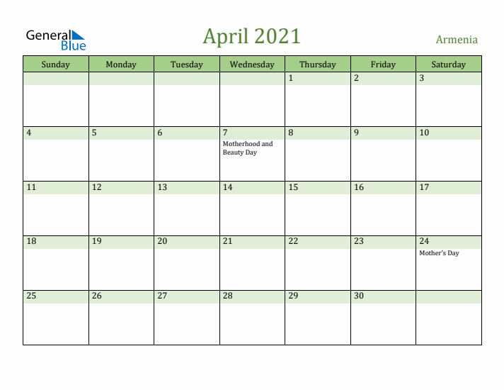 April 2021 Calendar with Armenia Holidays