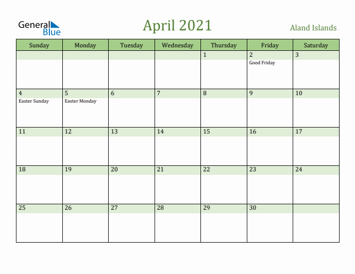 April 2021 Calendar with Aland Islands Holidays