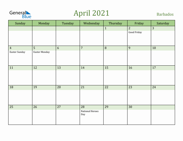 April 2021 Calendar with Barbados Holidays