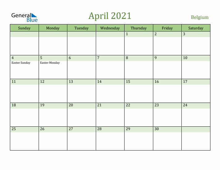 April 2021 Calendar with Belgium Holidays