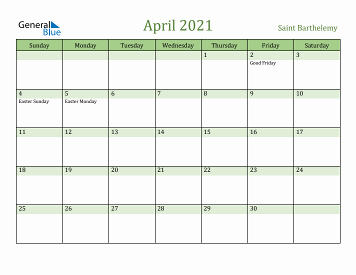 April 2021 Calendar with Saint Barthelemy Holidays