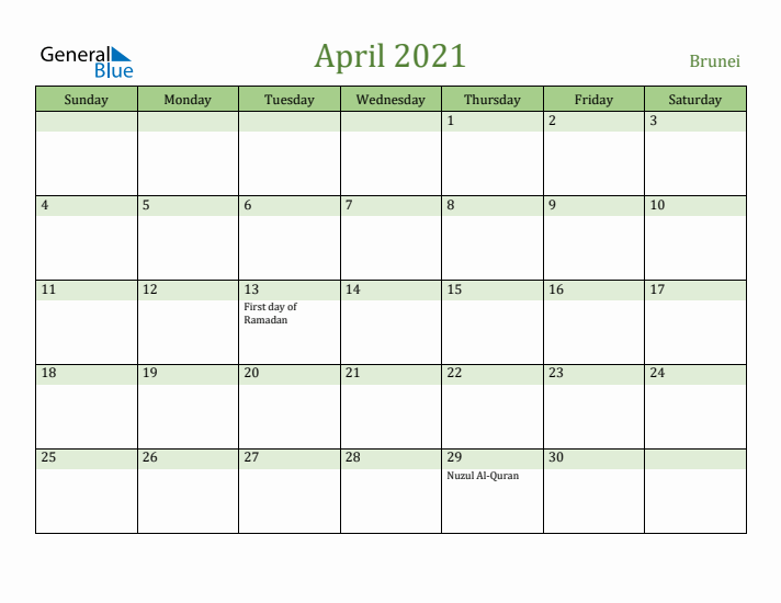 April 2021 Calendar with Brunei Holidays