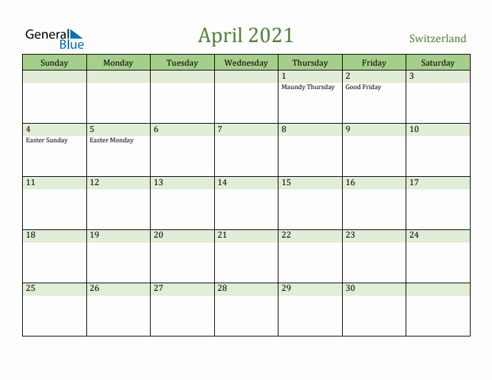 April 2021 Calendar with Switzerland Holidays