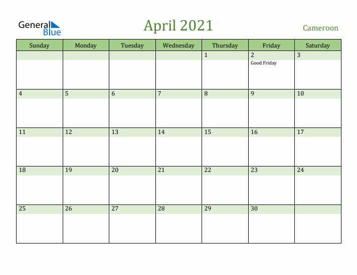 April 2021 Calendar with Cameroon Holidays