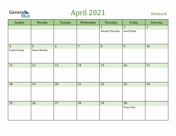 April 2021 Calendar with Denmark Holidays