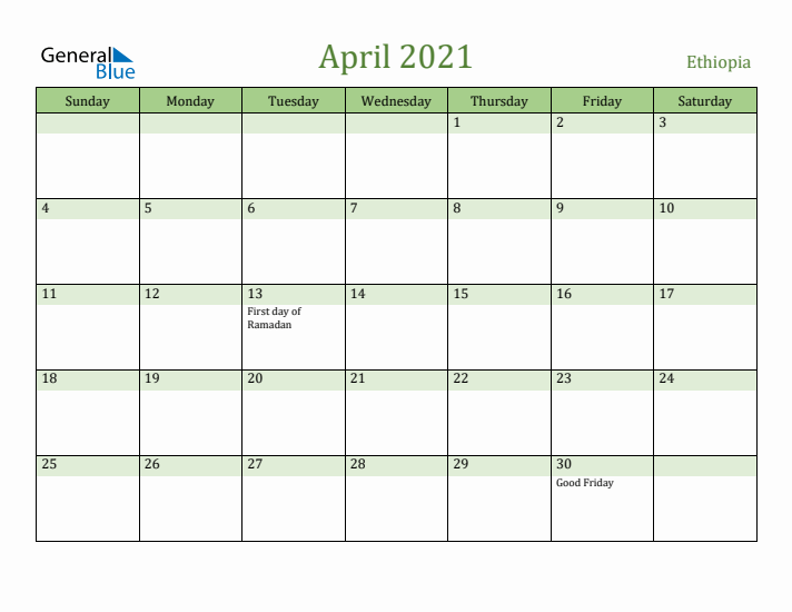 April 2021 Calendar with Ethiopia Holidays