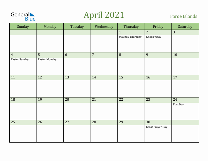 April 2021 Calendar with Faroe Islands Holidays