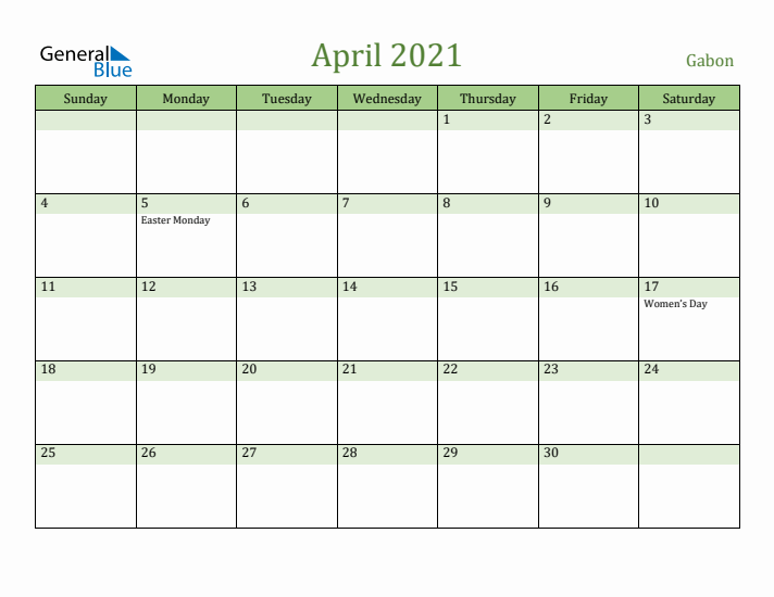 April 2021 Calendar with Gabon Holidays