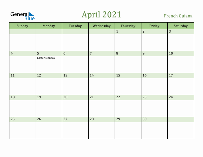 April 2021 Calendar with French Guiana Holidays