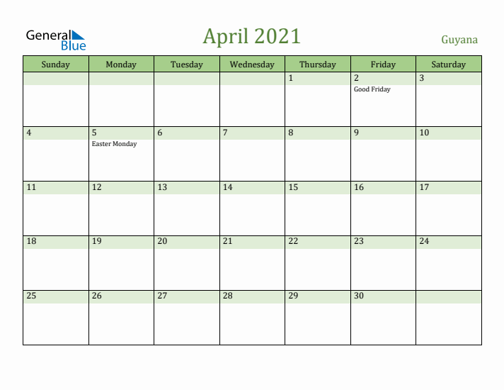 April 2021 Calendar with Guyana Holidays