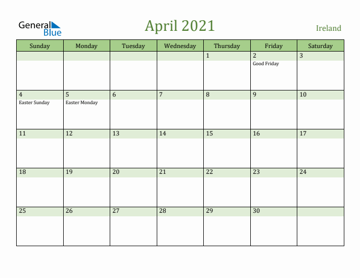 April 2021 Calendar with Ireland Holidays