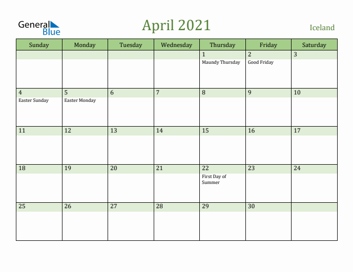 April 2021 Calendar with Iceland Holidays