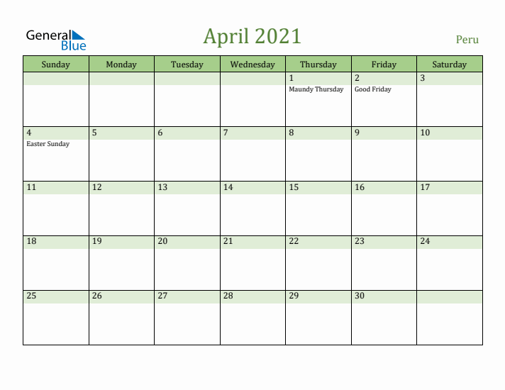 April 2021 Calendar with Peru Holidays