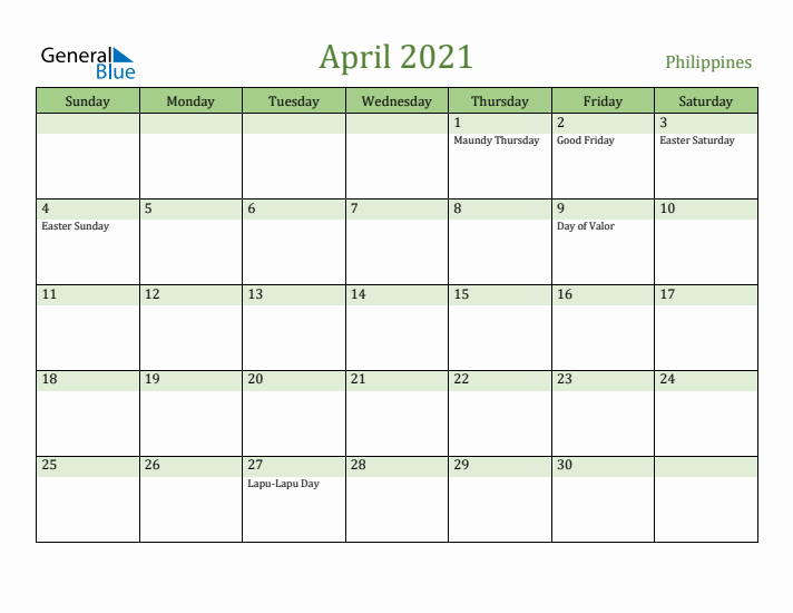 April 2021 Calendar with Philippines Holidays