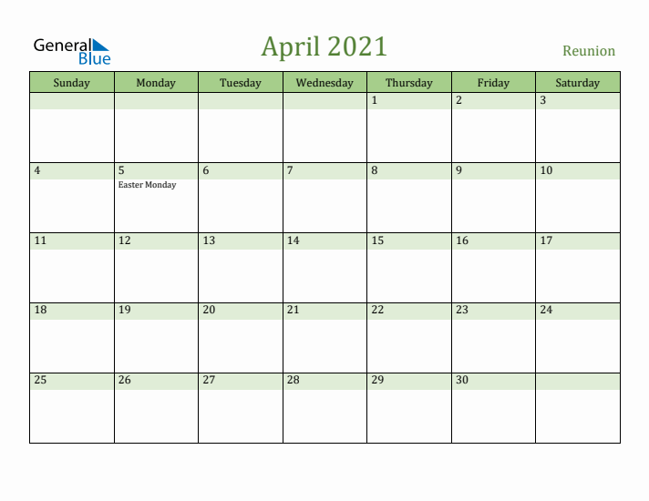 April 2021 Calendar with Reunion Holidays