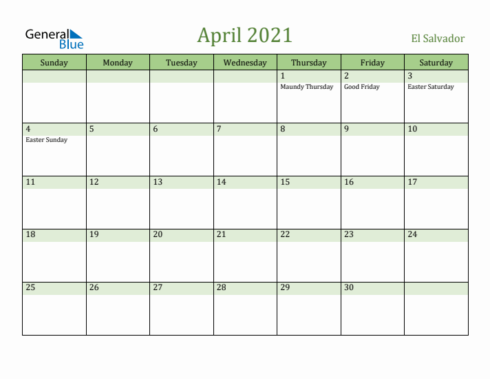 April 2021 Calendar with El Salvador Holidays