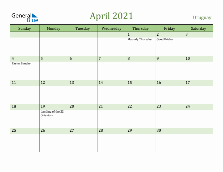 April 2021 Calendar with Uruguay Holidays