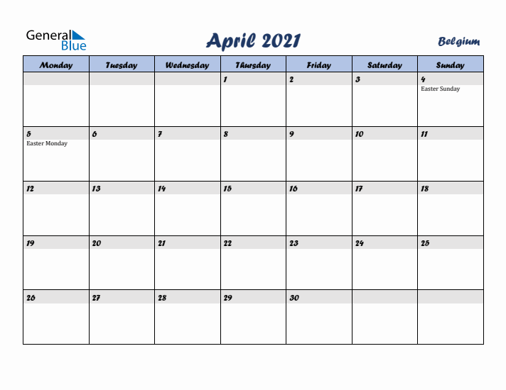 April 2021 Calendar with Holidays in Belgium