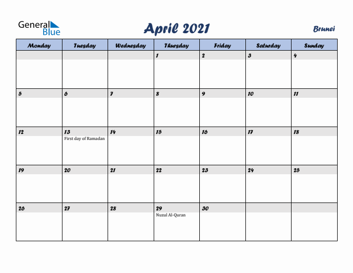 April 2021 Calendar with Holidays in Brunei