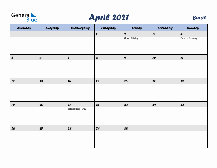 April 2021 Calendar with Holidays in Brazil