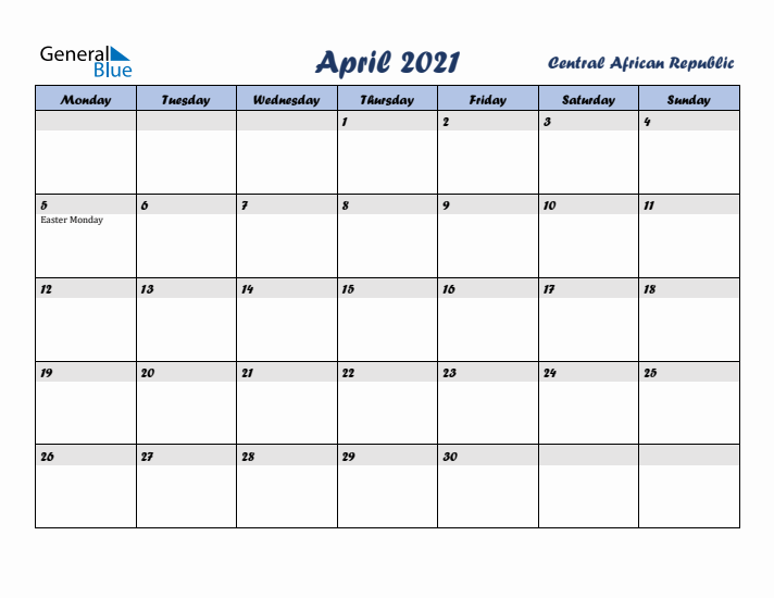 April 2021 Calendar with Holidays in Central African Republic